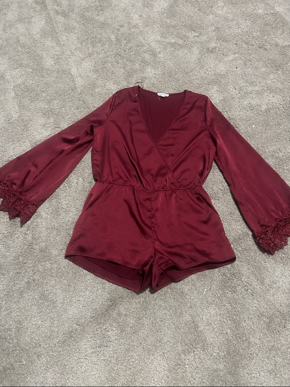 Burgundy Satin Lace-Sleeve Romper